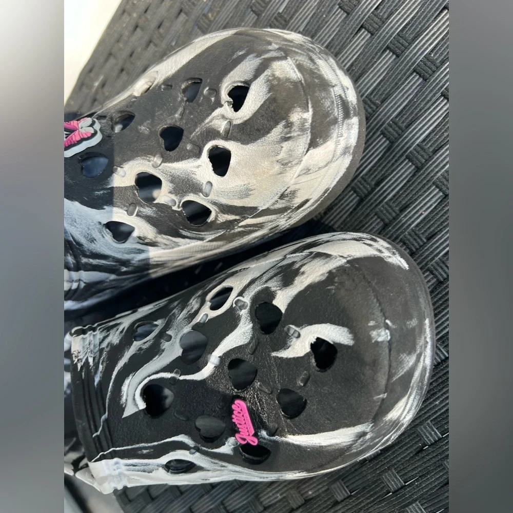 Justice Black & White Marbled Heart Vent Clogs with Pink Logo